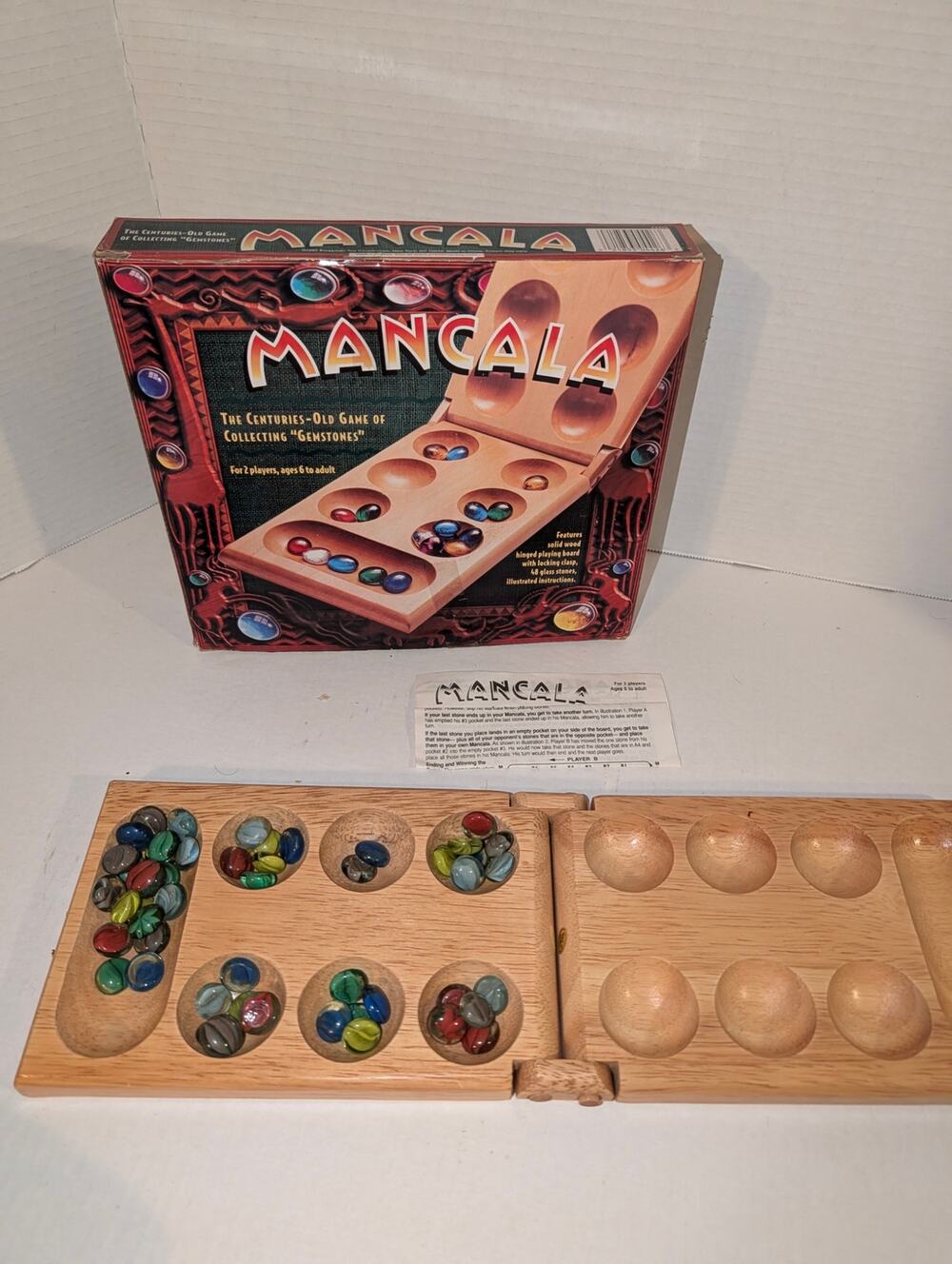 MANCALA GAME Oak Wood Board Gemstone Playing Pieces vintage 1996 COMPLETE